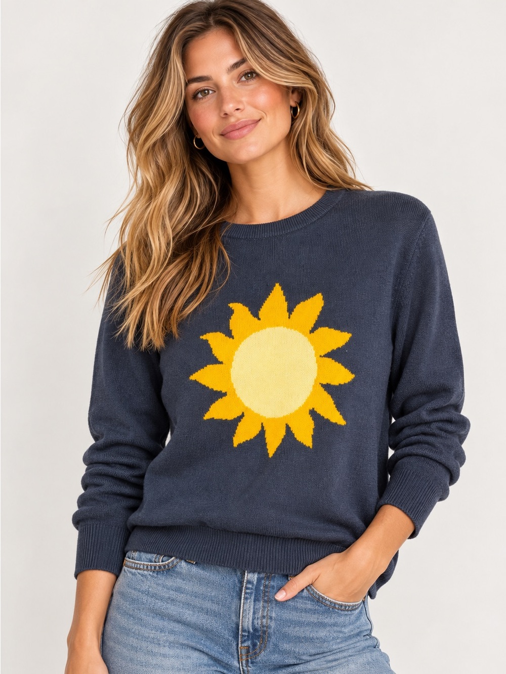 Marine Layer Sun Graphic Crewneck Sweater Women’s S Navy Blue Yellow Knit